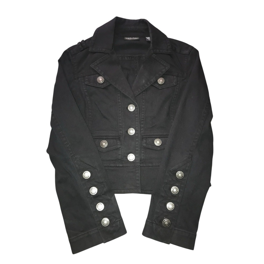 Ideology Denim Jacket Women Size Medium Petite Cropped Black Silver Button